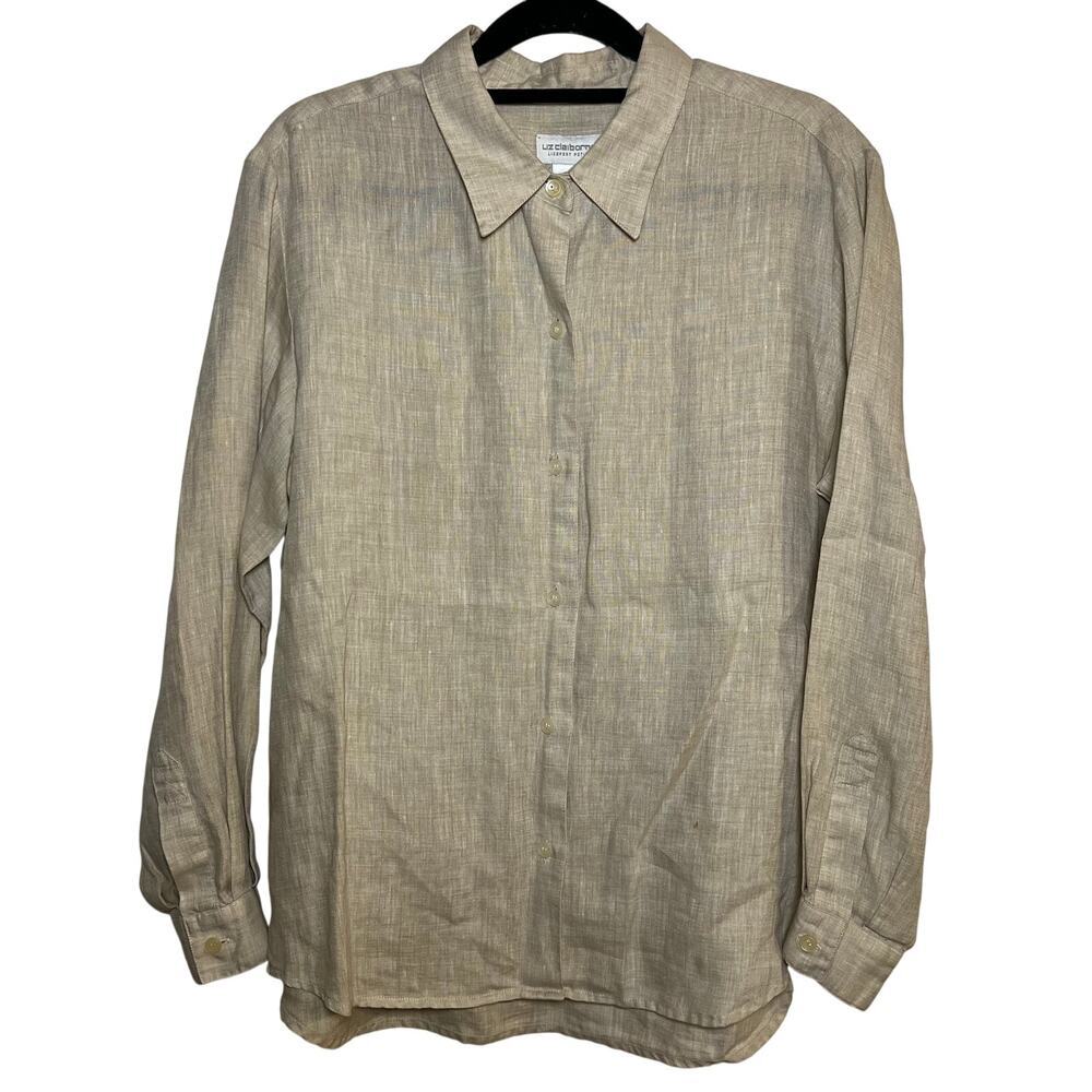 Liz Claiborne 100% Linen Blouse Button Up Top Beige Brown Medium Petite Collared